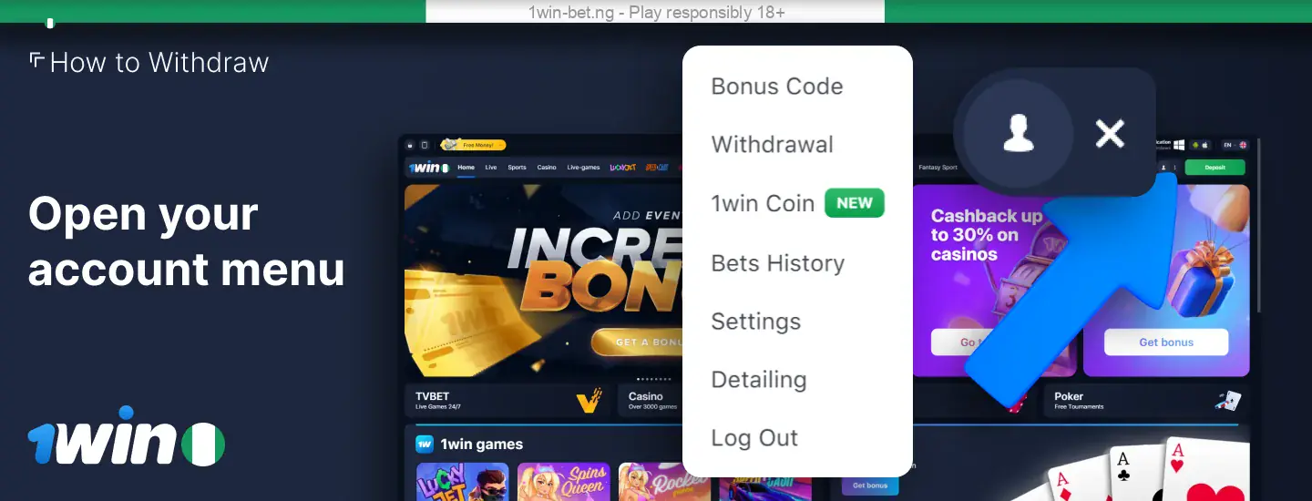 Open your 1win Nigeria account menu