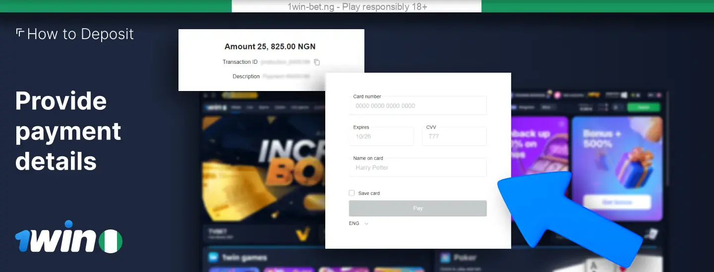 Enter payment details for 1win deposit