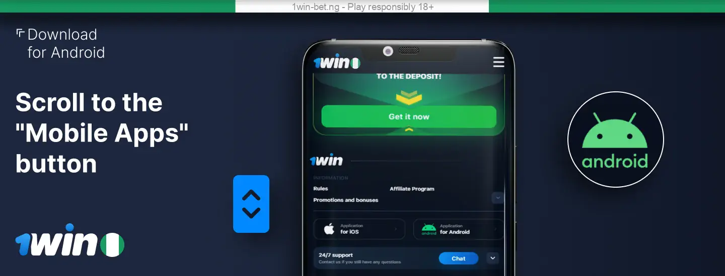 Click on the Android icon to initiate the download of the 1win APK file.